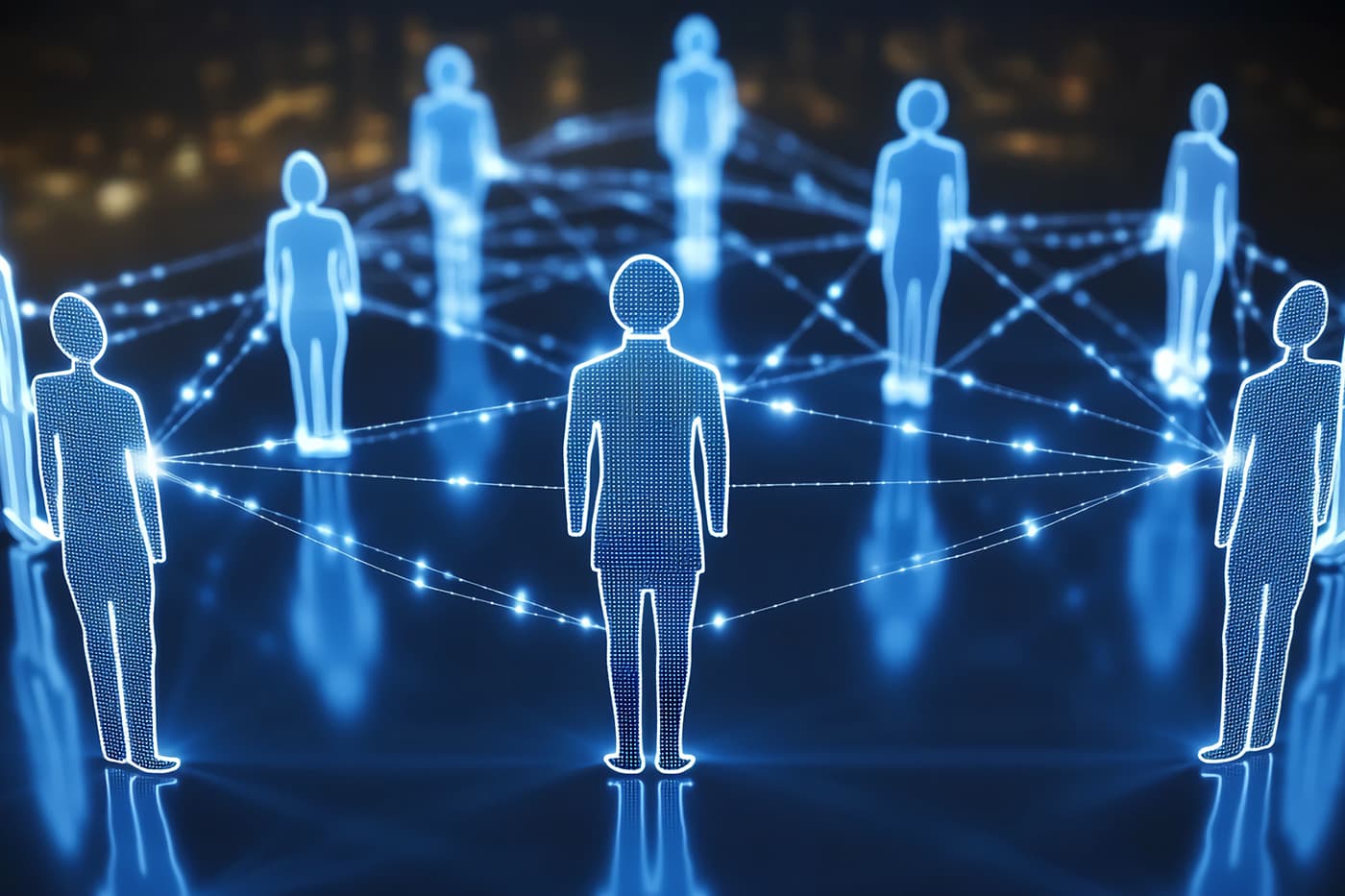Glowing digital human figures connected by lines of light, representing an interconnected network